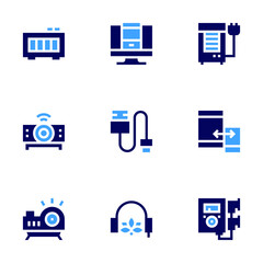Device icon set. Bold style. Duotone colors. projector device, air conditioner, responsive, usb cable, earphones, music player, quality