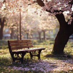 Serene Park Scene with Cherry Blossom Trees in Full Bloom, Next to a Wooden Bench Surrounded by Soft Petals on a Sunny Day
