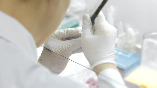Lab technician labeling sample tube with marker for laboratory analysis.
