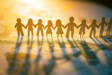 Tiny paper cutout people holding hands, symbolizing unity and anti-racism, with copy space. Soft lighting. 