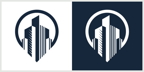 location and building logo design template with creative line art. pin logo illustration, map, location icon, building Premium Vector