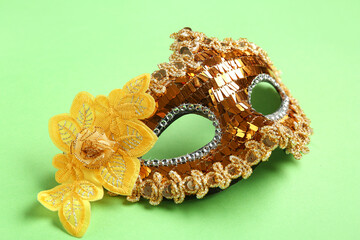Beautiful golden carnival mask on green background