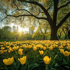 Obraz premium Serene Spring Sunrise in Central Park Featuring Vibrant Yellow Tulips Amidst Lush Greenery and Urban Landscape in Background