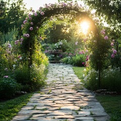 Serene Sunset Over a Beautiful Garden Pathway Framed by Lush Floral Arches, Inviting Atmosphere and Natural Beauty in a Tranquil Setting