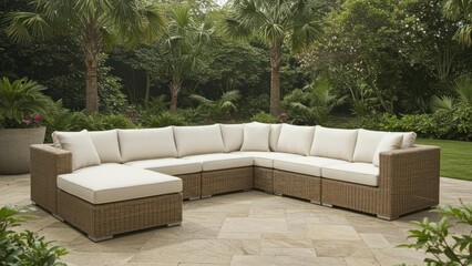 Stylish outdoor sectional sofa in a lush garden setting.