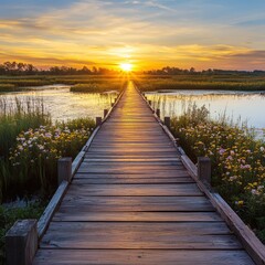 Fototapeta premium Serene Sunset Over Tranquil Waterway with Wooden Boardwalk Surrounded by Lush Greenery and Vibrant Wildflowers in Scenic Landscape