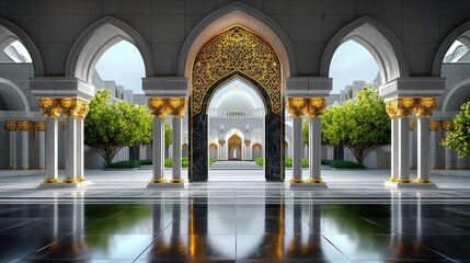 Naklejka premium An intricately designed gateway and corridor of an opulent mosque