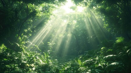 Obraz premium Sunlight streams through dense rainforest canopy