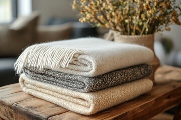 Soft Cozy Wool Throws Neutral Colors Stacked on Wooden Table