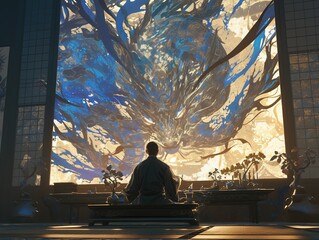 Fototapeta premium Asian Monk Contemplating Dragon Through Window