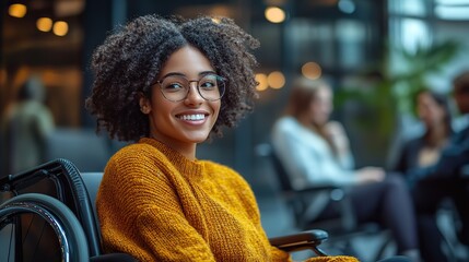 diverse business team engaging in conversation in modern office lobby highlighting smiling young woman in wheelchair