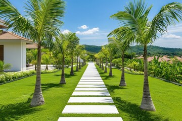 Obraz premium Serene tropical paradise with palm trees lining a white stone path leading to lush green hills under a clear blue sky