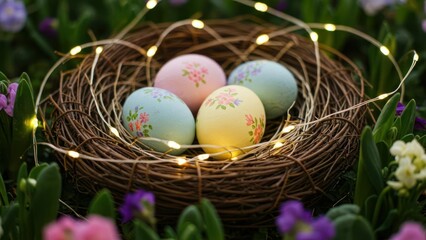 Colorful decorated eggs in a nest with flowers and lights for Easter.