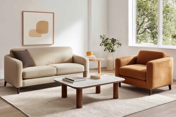 Serene Living Room Interior with Beige Sofa Brown Armchair and Modern Coffee Table Enhancing Natural Light and Minimalist Art for Home Decor Inspiration