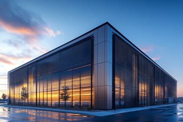 Obraz premium Modern Architectural Design Sunset Reflection on Contemporary Office Building with Metal Facade and