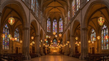Fototapeta premium An ornate cathedral interior illuminated by vibrant stained glass.