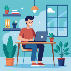 a boy is using his laptop vector