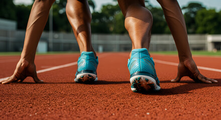 Runner at Starting Line Ready to Race, Athlete in Starting Blocks on Track, Generative AI image, Sprinter Preparing for Race on Running Track, Generative AI image