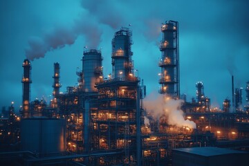 Industrial Refinery Complex at Dusk Oil Processing Plant Nighttime Panorama