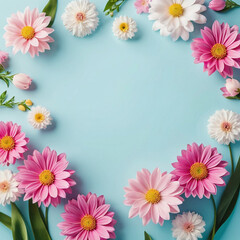 Floral arrangement with pink and white flowers, green leaveson a pastel blue background. Elegant botanical composition with space for text.