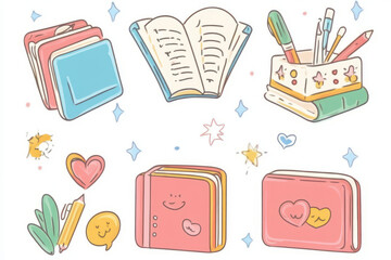 Cute stationery items including notebooks, pens, and decorative elements for back to school. Perfect for creative projects