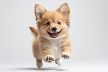 Adorable Fluffy Puppy Mid-Jump: A Captivating Moment of Pure Canine Joy and Unbridled Puppy Enthusiasm Frozen in Time