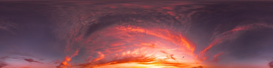 Seamless 360 HDR spherical panorama of sunset sky with vibrant pink Cirrus clouds. Full zenith or sky dome in 3D, sky replacement for aerial drone panoramas. Climate and weather change.