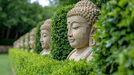 Buddha statues in a garden row, peaceful scene, suitable for meditation, relaxation, or spiritual themes