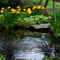 Fototapeta premium Tranquil Garden Scene with Rippling Water Surface Surrounded by Yellow Flowers and Lush Greenery in a Serenity-Inducing Natural Setting