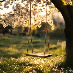 Tranquil Spring Scene Featuring a Wooden Swing Beneath a Blossoming Tree Surrounded by Soft Sunlight and Vibrant Green Grass in a Peaceful Outdoor Setting