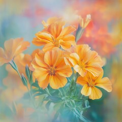 Fototapeta premium Vibrant and Soft Orange Marigold Blooms in a Dreamy Floral Scene With Subtle Pastel Background and Soft Focus Effects for Botanical Photography