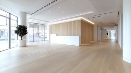 Fototapeta premium Modern office lobby, wood floors, plant, city view