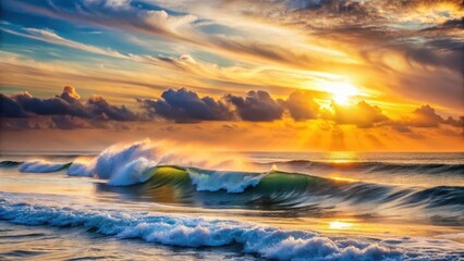 Fototapeta premium Serene ocean view at sunrise with rolling waves and a misty atmosphere, showcasing the majesty of nature's power , sea, panorama