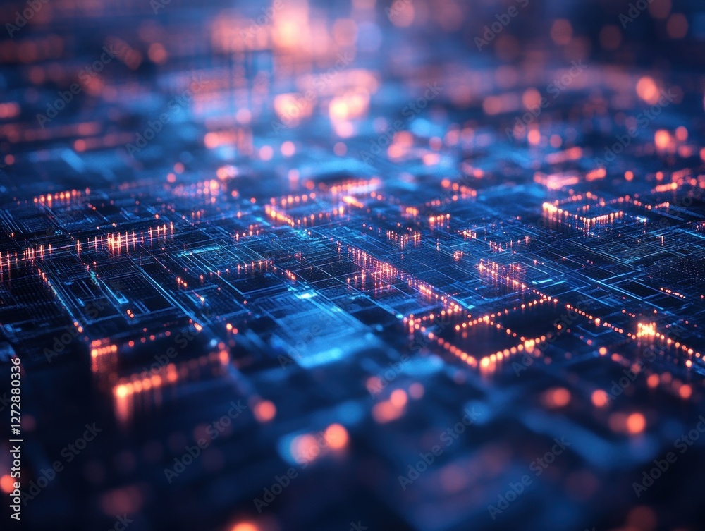Poster abstract representation of digital circuitry with glowing nodes and intricate patterns, symbolizing 