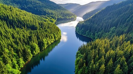 Fototapeta premium Tranquil lake surrounded by dense green forest covered mountains