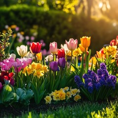 Obraz premium Vibrant Garden Display Featuring Colorful Tulips and Hyacinths Bathed in Golden Hour Light, Showcasing Nature's Beauty in Blooming Springtime Setting