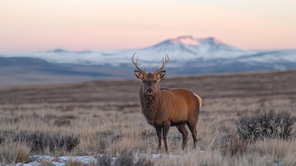 Obraz premium Majestic stag in snowy mountain landscape at dawn; wildlife photography