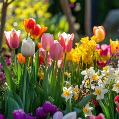 Obraz premium Vibrant Garden Scene with Colorful Tulips and Daffodils in Full Bloom on a Bright Sunny Day, Perfect for Spring and Floral Themes in Advertising and Design
