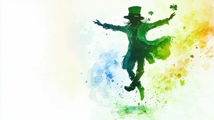 Obraz premium Happy St. Patrickâ€™s Day, a watercolor silhouette of a dancing leprechaun, with copy space on the left