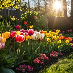 Fototapeta premium Vibrant Tulip Garden in Bloom Under Soft Morning Sunlight with Dazzling Colors and Fresh Green Leaves Creating a Serene Natural Atmosphere