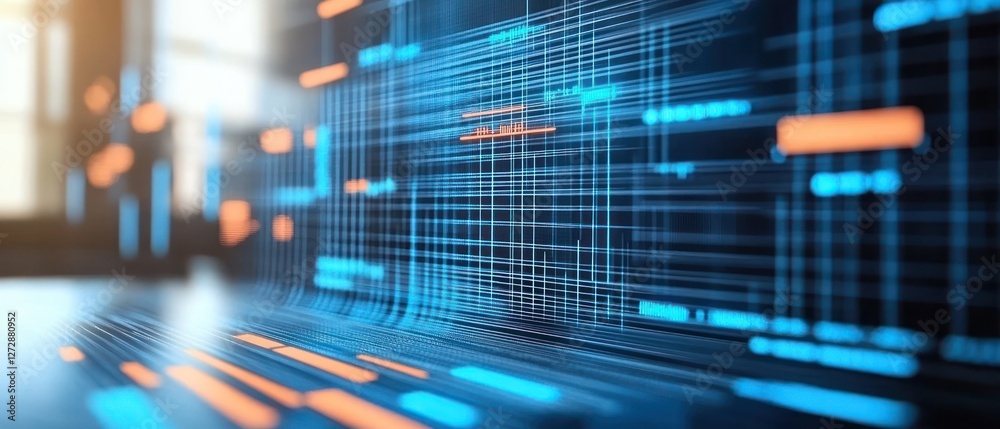 Poster abstract digital data visualization with glowing lines and patterns, representing technology and inn