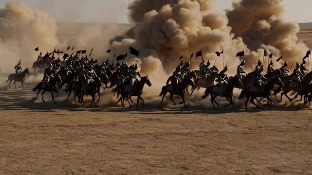 Wide-angle video shot of cavalry charge across a vast desert landscape, capturing dynamic movement and dust trails under a clear sky.