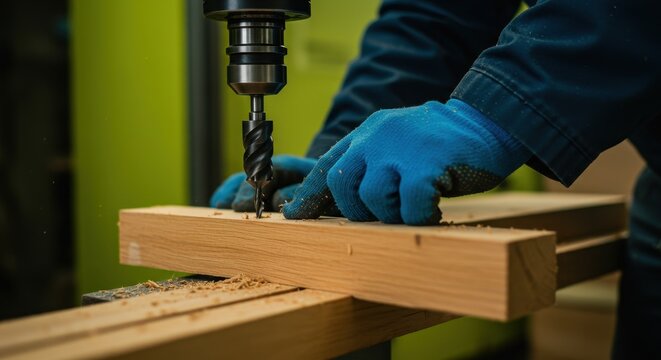Precise Woodworking: A Craftsman's Hands Guide a Drill Press, Creating Intricate Details in a Wooden Piece.