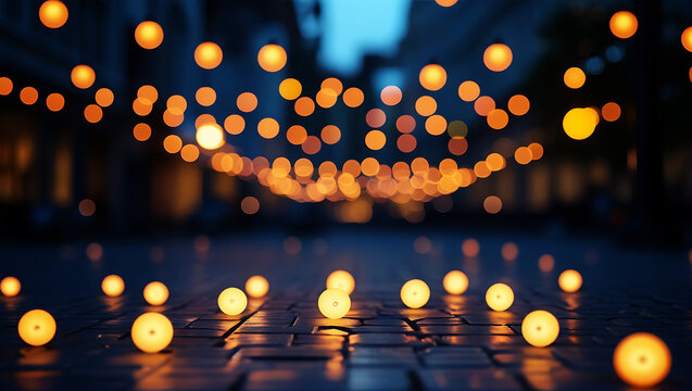 Warm Ambiance of Outdoor String Lights on a Paved Pathway at Night. - Powered by Adobe