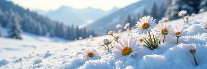 Frozen daisies on a snowy hillside in the distance, landscape, winter
