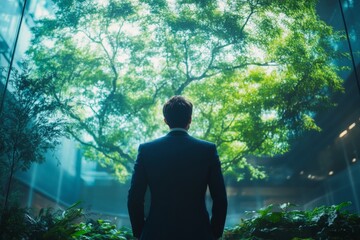Businessman Contemplating Nature Green Sustainability Corporate Responsibility Eco Friendly Office