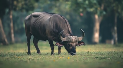 Black Water Buffalo Grazing in Lush Green Field under Soft Light