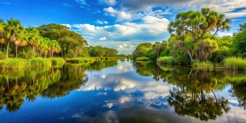 Fototapeta premium Dense vegetation surrounded by calm waters in a Florida wetland