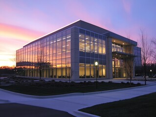 Modern glass building at sunset with vibrant sky