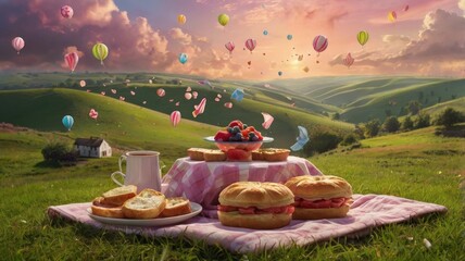 Fototapeta premium Gravity-Defying Picnic: A Surreal Feast Floating in a Dreamy Meadow